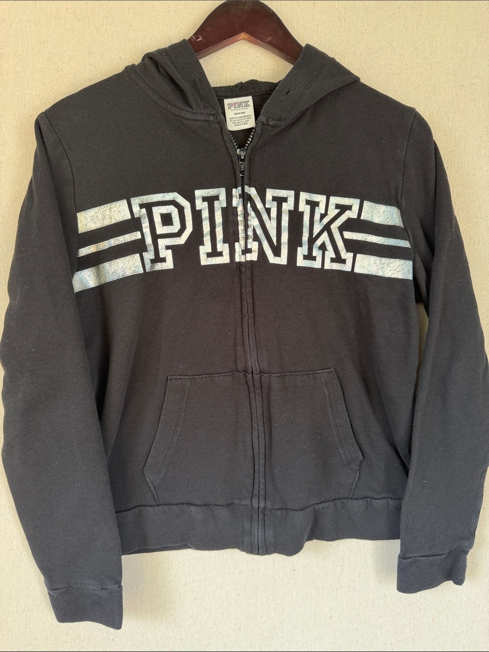 PINK Victoria's Secret Black Zip Hoodie with Silver Lettering